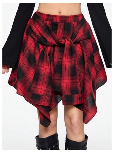 GORGLITTER Women's Y2k Goth Plaid Ruffle Flowy Asymmetrical Skirt Western Cowgirl Skirts3