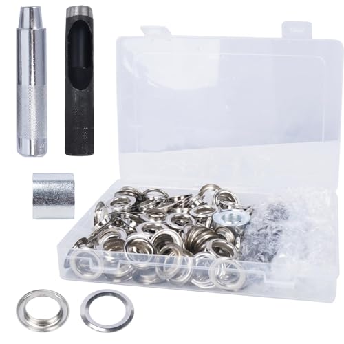 Luabue 120 Set 16mm Eyelet Punch Kit Grommet Punch Kit Tarpaulin Repair Kit, Silver Metal Grommets Eyelets for Fabric Canvas Tent Awning Leather Craft Tarpaulin Curtains DIY and Decoration