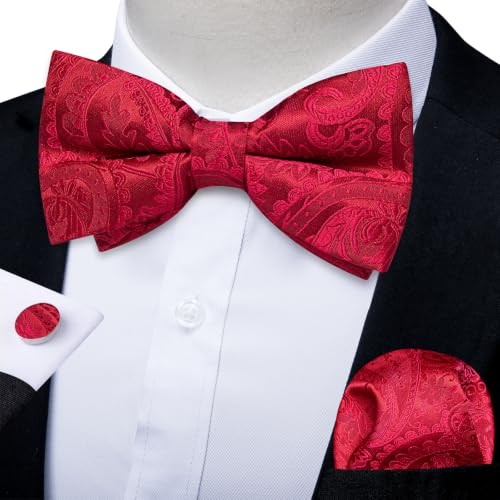 Image of DiBanGu Paisley Pre-Tied Bow Ties for Men Silk Adjustable Bowtie and Pocket Square Cufflinks for Wedding Party