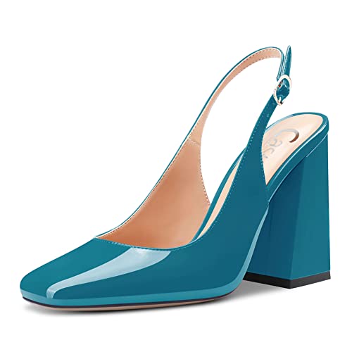 Castamere Femmes Bloc Chunky Haut High Talon Heel Carré Bout Slingback Escarpins Slip-on Clear Dress Sandales 10 CM Heels Vert Vernis 44 EU Cover