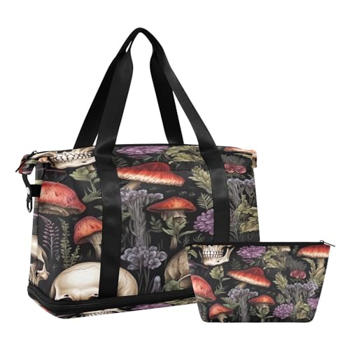 Skull and Mushrooms Duffel Bag Lightweight Carry On Gym Bags for Travel and Weekends, Versatile Overnight Bag with Shoe Compartment