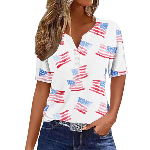 Summer Tops for Women 4th of July Short Sleeve Henley Shirts Button V Neck Patriotic Tunic Tops American Flag Blouses A01 White X-Large
