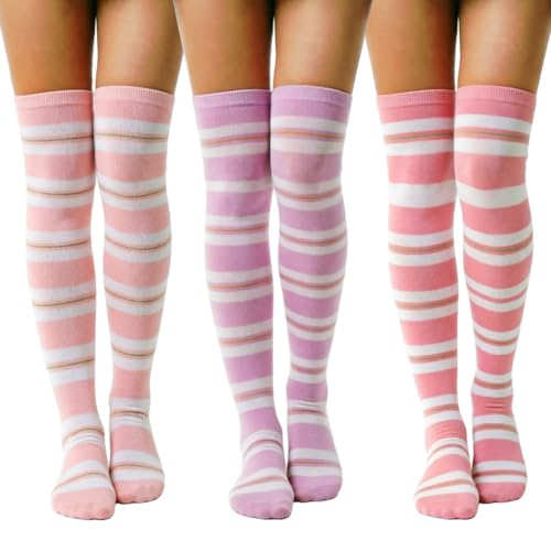 Image of DRESHOW 3 Pairs Thigh High Socks Striped Over Knee Thin Tights Long Stocking Knee High Leg Warmer