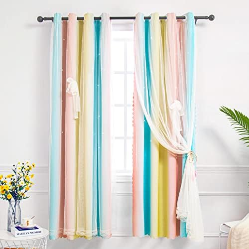 Hughapy Curtains for Girls Bedroom Kids Curtains Rainbow Curtains Girls Curtains Star Curtains Princess Room Decor for Daughter Bedroom Window