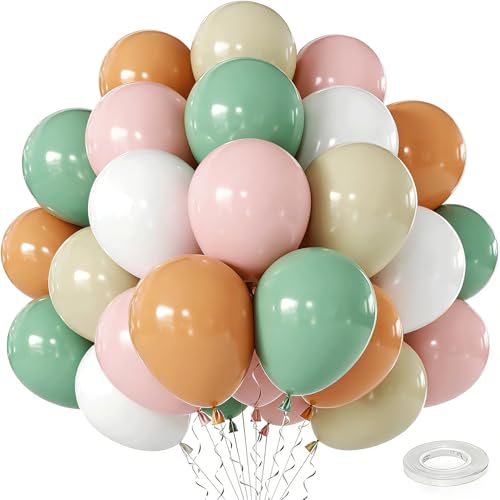 Image of Sage Green Pink Balloons,50Pcs 12 Inch Pastel Light Pink Dusty Sage Green Nude Sand White Boho Balloons for Baby Shower Birthday Bridal Shower Wedding Tea Party Decorations