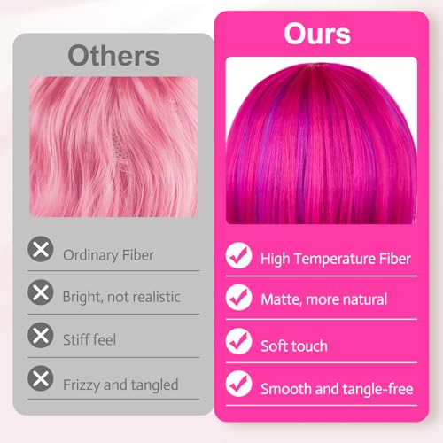 Image of MEEZY Rose red and purple Short Bob Wigs Straight Hair with Flat Bangs Heart Sunglasses for Women, Colorful Funny Cosplay Daily Party Neon Wig Synthetic As Real Hair Carnival Halloween Costume