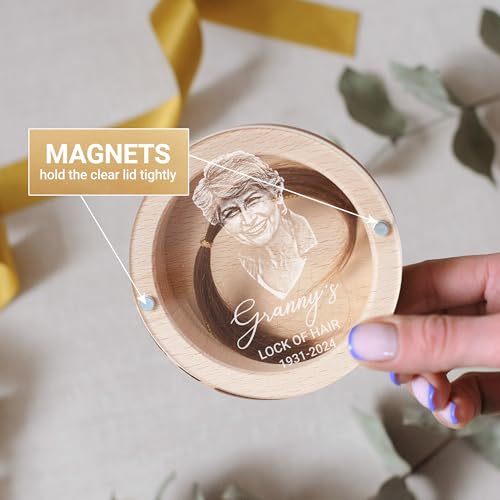 Image of Personalized Keepsake for Bereavement Gift, Lock of Hair Memorial, Sympathy Gift for Loss of Mother, Grandmother, Dad, Daughter, Son, Mom, Clear Lid (Light Wood with Portrait Round)