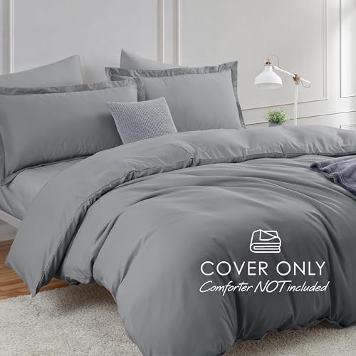 Image of Hearth & Harbor Grey Duvet Cover with Fitted Sheet Full Size | 4 Piece Soft Double Brushed Bedding Set, Button Closure, 1 Duvet Cover 80x90 Inches, 1 Fitted Sheet, 2 Pillow Shams
