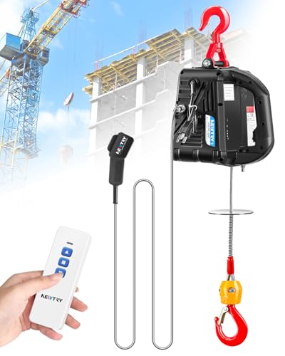 NEWTRY 3 in 1 Electric Hoist Winch 440lb, 16ft/min Manual|Cable| Control, 62ft Portable Power Electric Lift with Sling Strap for Lifting Small Engines, Bicycles, Groceries