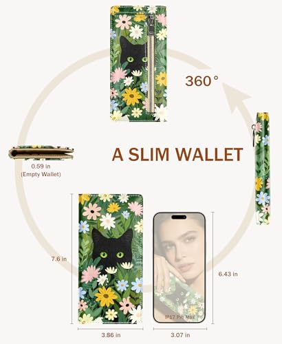 Image of Immaturus Black Cat Floral Womens Wallet, Slim Thin RFID Blocking Card Wallets, Bifold PU Leather Credit Card Holder Organizer, Cute Cash Clutch Long Billfold with Zipper Coin Pocket Ladies Girls Gift