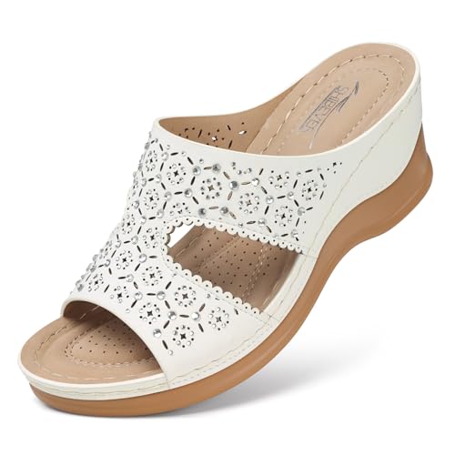 SHIBEVER Wedge Sandals for Women Dressy: White Slip On Comfortable Sandal by SHIBEVER - Used condition - US$30.67