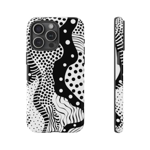 Coque iPhone 15 Pro Max rigide noire et blanche à pois