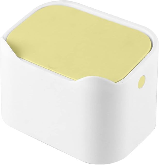 ETRAVEL Small desk bin mini waste bin with lid kids dustbin trash can for classic desk, desktop, bedroom, office table, Car, Indoor Dust Bin top bin (White+Yelllow)