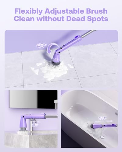 Image of Electric Spin Scrubber, Cordless Cleaning Brush with 440RPM /90Mins Runtime, 3 Adjustable Angles&Sizes, 6 Replaceable Brush Heads, 2 Speeds for Bathroom Glass, Bathtub, and Shower, Car Cleaning, Purple