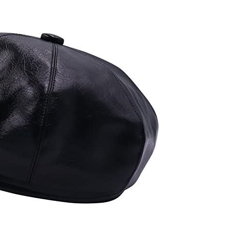 Women Men Beret Pu Leather Newsboy Cap Vintage Beret Cap Visor Beret Cabbie Painter Artist Hat 8 Panel Ivy Cap,Black #TOP7