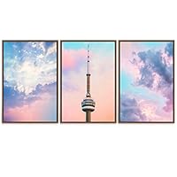 SIGNWIN Framed Canvas Wall Art Up in The Baby Pink and Blue Sky with a Needle Point Building Nature Clouds Photography Modern Scenic Relax/Calm for Living Room, Bedroom, Office - 16