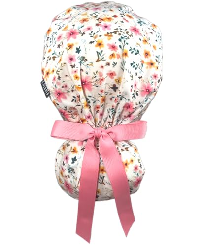 Image of Scrub Cap for Women and Men, Ponytail Scrub Caps, Working Hat, Head Cover with Ribbon Ties and Buttons, Long Hair