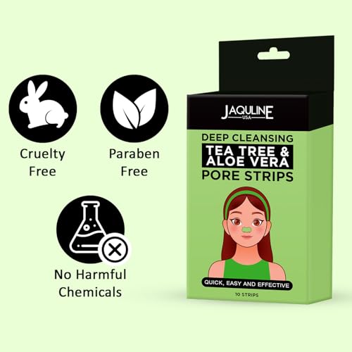 Image of JAQULINE USA Deep Cleansing Tea Tree & Aloe Vera Nose Pore Strip | Removes Blackheads Whiteheads Dirt and Oil | Unclogs Pores | Refreshes and Cleans Skin | Gentle Effective Formula - 10 Strips