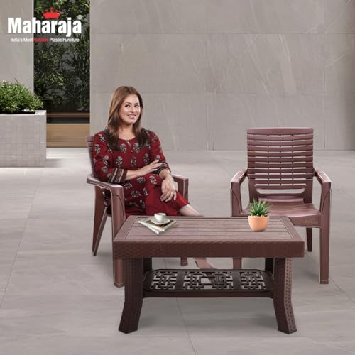 Image of MAHARAJA Heavy-Duty Plastic Chairs & Table | Set of Chairs with Elegant Table | Premium Design, Ideal for All Seasons (Brown, 2 Chair+1 Table)