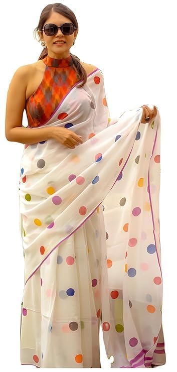 Rajeshwar Fashion Women’s Polka Dot Digital Printed Linen Cotton Saree With Unstitched Blouse Piece (Laddu_White_Free Size)