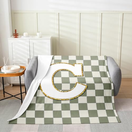 Image of Erosebridal Sage Green Checkered Flannel Blanket Plaid Initial C Fuzzy Plush Throw Personalized Monogram Fleece Blanket for Kids Boys Girls,Fashion Grids Gingham Decor for Bed Couch Queen 90 inchx90 inch