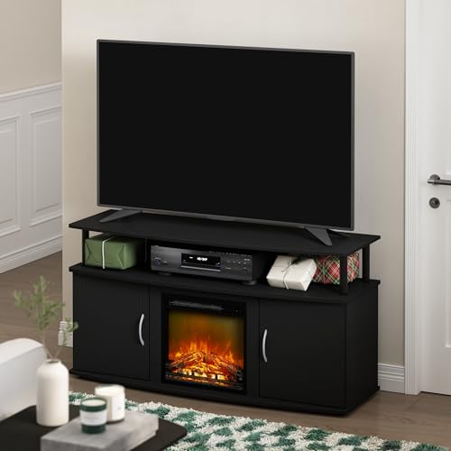 Image of Furinno Jensen TV Stand with Fireplace, Entertainment Center, TV Console for TV up to 55 Inch and Open Shelf, Storage Cabinet, for Living Room, Bedroom, Dark Americano