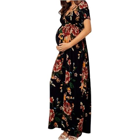 Xpenyo Women's Floral Maternity Dresses Summer Casual Short Sleeve V Neck Wrap Long Maxi Dress Pregnancy Clothes for Baby Shower, Photoshoot, Party, Daily, Nursing, Brown Flower Black XL Cover