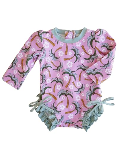 Image of Caden Lane Long Sleeve Rash Guard with Ruffle Bottom, Girls Swimwear with UPF 50+ Sun Protection, Quick-Drying, Sun and Chlorine Resistant Fabric Beachwear, Palm Party, 3-6 Months