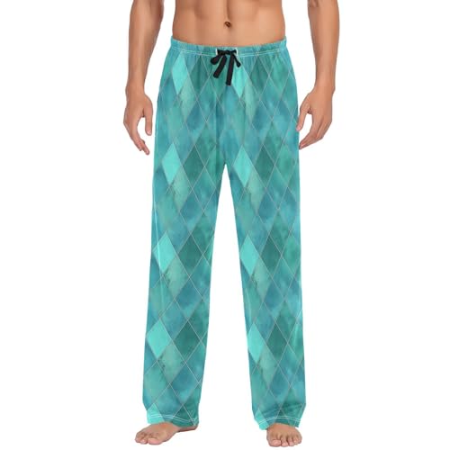Men’s Teal Watercolor Geometric Plaid Pajama Pants with Pockets, Comfortable Lounge Sleep Bottoms#64