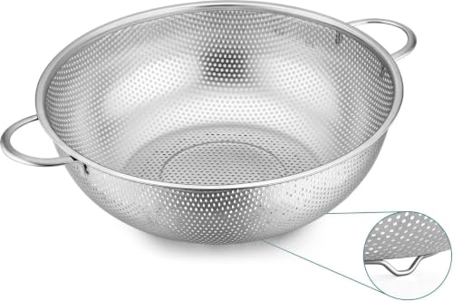 Image of KRESHU 22.5cm Stainless Steel Rice Washing Colander Strainer with Handle Micro-Perforated Strainer for Clean & Drain Vegetable /Fruit /Pasta /Rice Dishwasher Safe Washing Bowl (Pack of 1)
