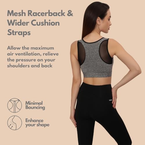Image of GLAMORAS Women's Wirefree Full Coverage Sports Bra Medium Impact Mesh Racerback Design with Front Zip, Removable Pads Ideal for Gym, Yoga, Fitness Workouts