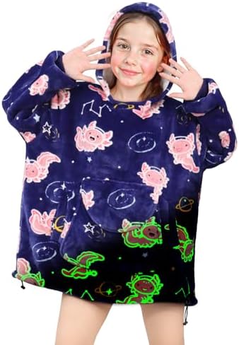 GEULAY Axolotl Wearable Blanket Hoodie - Glow in The Dark Blankets Gifts for 6-12 Year Old Plush Fleece Hoodie with Pockets for Axolotl Birthday Decoration