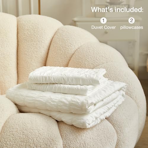 Image of JELLYMONI White Duvet Cover Full Size, 3pcs Washed Microfiber Bedding Set, Soft Breathable Seersucker Duvet Cover Set with Zipper Closure and Corner Ties for All Seasons