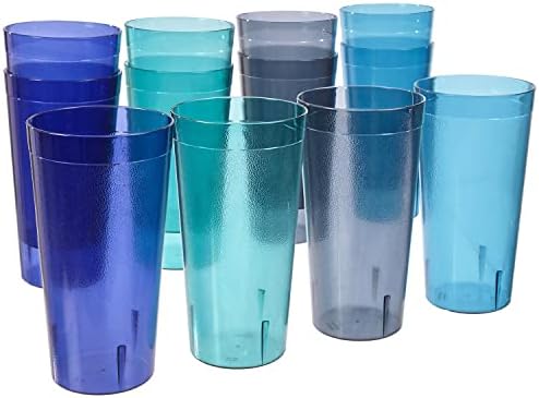 US Acrylic Café 32 ounce Plastic Restaurant Style Stackable Iced Tea Tumblers in 4 Coastal Colors, Value Set of 12 Drinking Cups, Reusable, BPA-free, Made in the USA, Top-rack Dishwasher Safe