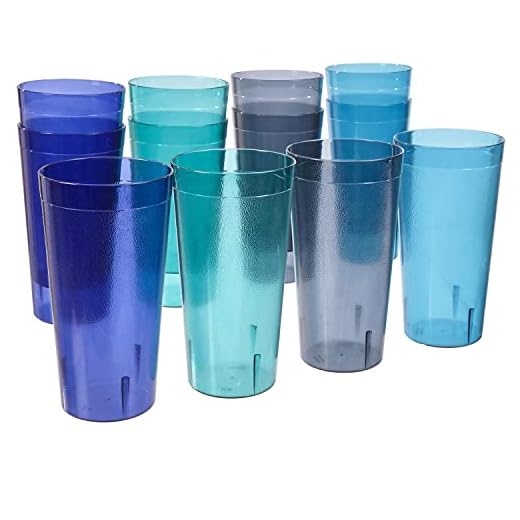 US Acrylic Café 32 ounce Plastic Restaurant Style Stackable Iced Tea Tumblers in 4 Coastal Colors, Value Set of 12 Drinking Cups, Reusable, BPA-free, Made in the USA, Top-rack Dishwasher Safe