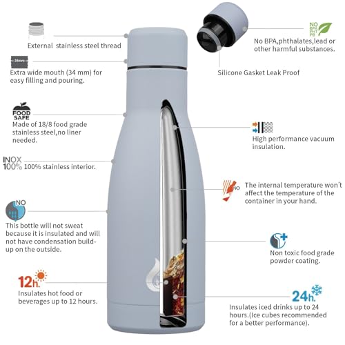 Image of BJPKPK Insulated Water Bottle 12oz Small Stainless Steel Water Bottles Reusable Metal Thermal Keep Cold and Hot,Mist Grey