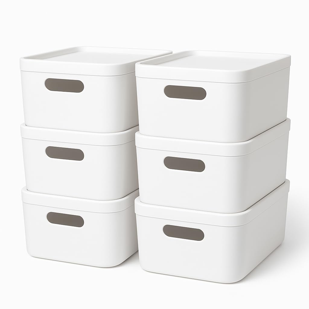 Craftelier - Pack of 6 Stackable Plastic Storage Boxes 5 Litres | Organizer Box with Lid Practical and Sturdy | Wardrobe Organizer | White | Measures 24 x 17 x 12.3 cm