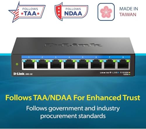 D-Link 8-Port 2.5GB Unmanaged Gaming Switch with 8 x 2.5G - Multi-Gig, Desktop or Wall Mount, Silent Operation, Plug & Play, Follows NDAA/TAA, (DMS-108), Ethernet Splitter, Multi-Gigabit Network