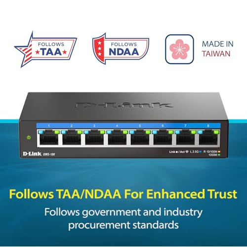 Image of D-Link 8-Port 2.5GB Unmanaged Gaming Switch with 8 x 2.5G - Multi-Gig, Desktop or Wall Mount, Silent Operation, Plug & Play, Follows NDAA /TAA, (DMS-108), Ethernet Splitter, Multi-Gigabit Network