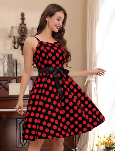 Image of Women Vintage Polka Dot 1950s Rockabilly Halter Audrey Dress Retro Floral Evening Cocktail Swing Dress