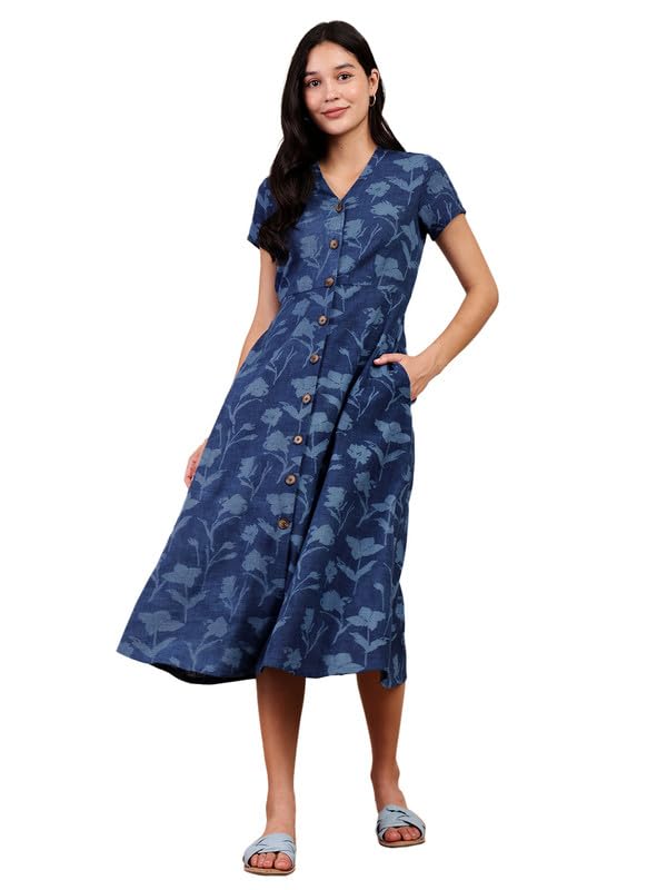 Image of Pink Fort Women Casual Cotton Handblock Dabu Floral Dress | A-Line Fit Short Sleeve 2 Functional Pockets | Navy Blue