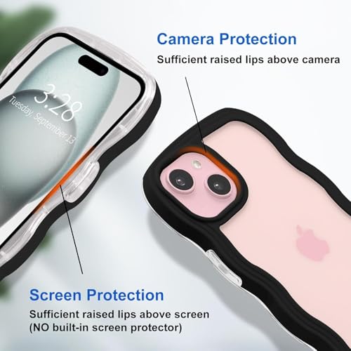 Image of GoldKart iPhone 15 Plus Case Wavy Edge Clear Back Design, Anti-Slip Grip Cute Wave Curly Frame Shape Shockproof Soft TPU & Hard PC Bumper Protective Phone Case Cover for Women Girls - Black