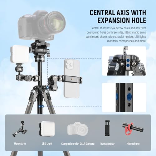 Image of NEEWER 60.4 inch Travel Tripod Carbon Fiber with Detachable Damped Fluid Head, Lightweight Video Camera Stand with Metal Quick Flip Buckle, Arca Type QR Plate Compatible with PD, LT37