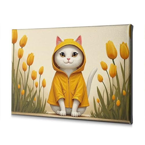 Toile murale salon chat mignon en manteau de pluie jaune tableau tulipes 30x40