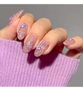 Purple Press on Nails Medium Round Almond Acrylic Nails Gold Foil Glitter Fake Nails with Colorfu...