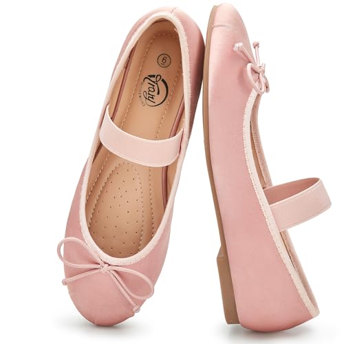 Image of Trary Flats for Women Closed Round Toe Ballet Flats Mary Jane Shoes Women with Elastic Strap Cute Bowknot Comfortable Dress Shoes for All-Year Daily Work Casual Wear