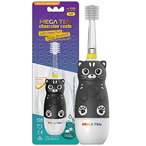 MEGA TEN 360-Degree Kids Electric Toothbrush with LED Light & Soft Microfiber Bristles & Comfortable Grip | Fun & Easy Brushing for Kids 12-48 Months Old | Built-in Timer | BPA Free | Black Cat