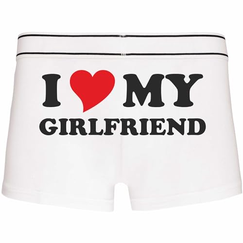 INDIGOS UG Boxer da uomo – posteriore – I Love My Girlfriend – Mutande divertenti per uomini – Biancheria intima – feste, calcio, regalo, tempo libero, bianco, L