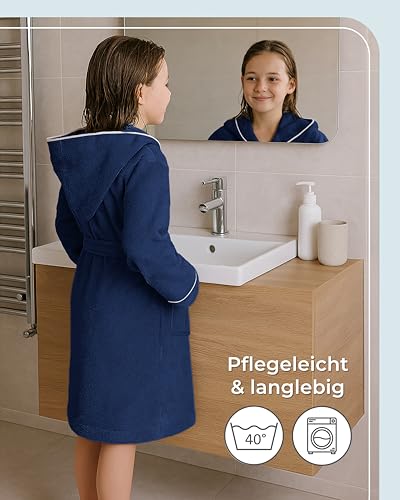 LAYNENBURG Premium Bademantel Kinder & Teenager mit Kapuze - 100% Baumwolle - OEKO TEX Standard 100 - flauschiges Frottee - Größe (146/152, Blau)