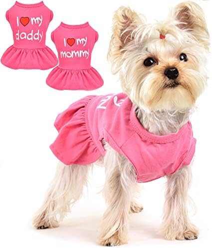 Summer Dog Dress, 2-Pack Pink Dog Clothes for Small Dogs Girl, I Love My Mommy/Daddy Puppy Dresses Shirt Lightweight Pet Outfit, Cat Apparel (Small, Hot Pink)